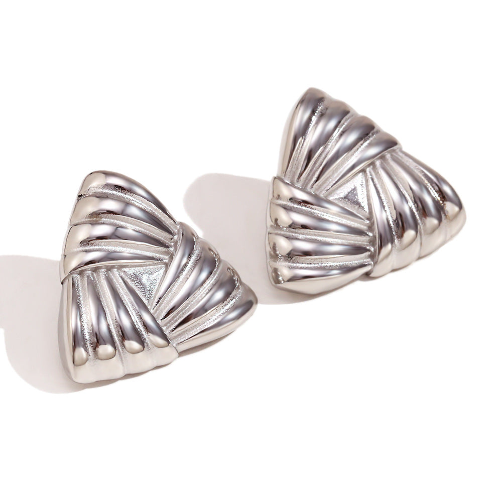 Wholesale Fashion Niche Temperament Retro Stainless Steel Plated 18K Gold Casting Stripes Wrapped Triangle Earrings